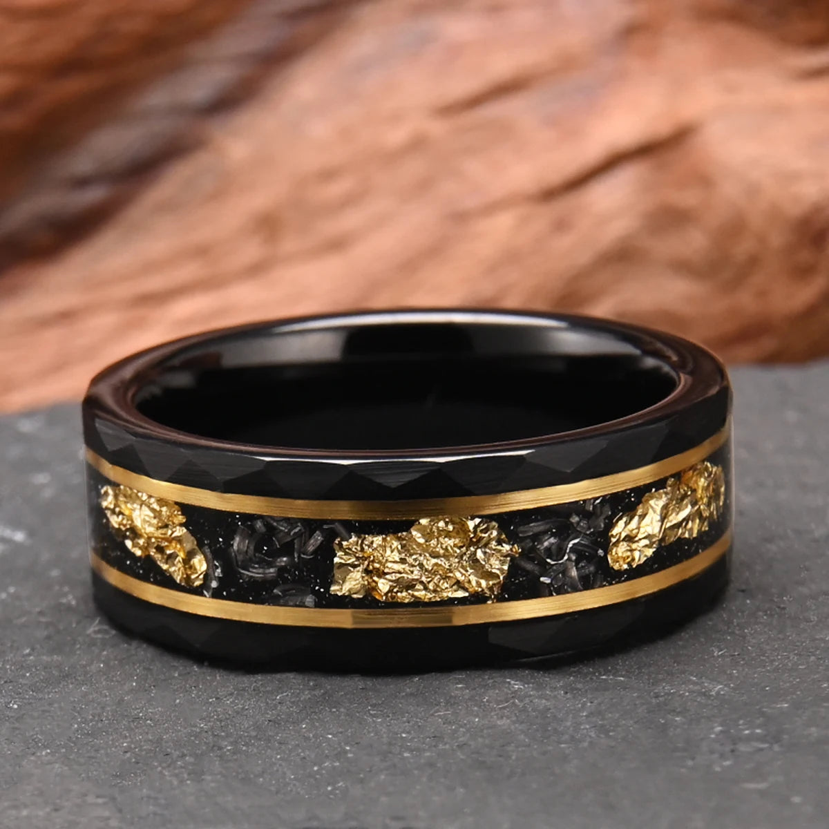 Classic Tungsten Carbide 8mm Ring Black with Golden Foil Wedding Engagement Ring for Men - Frimunt Clothing Co.