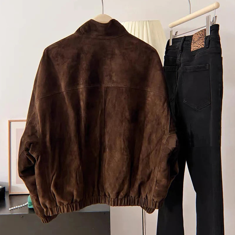 Top Quality Sheepskin Suede Leather Women's Bomber Jacket Stand Collar Elastic Waist