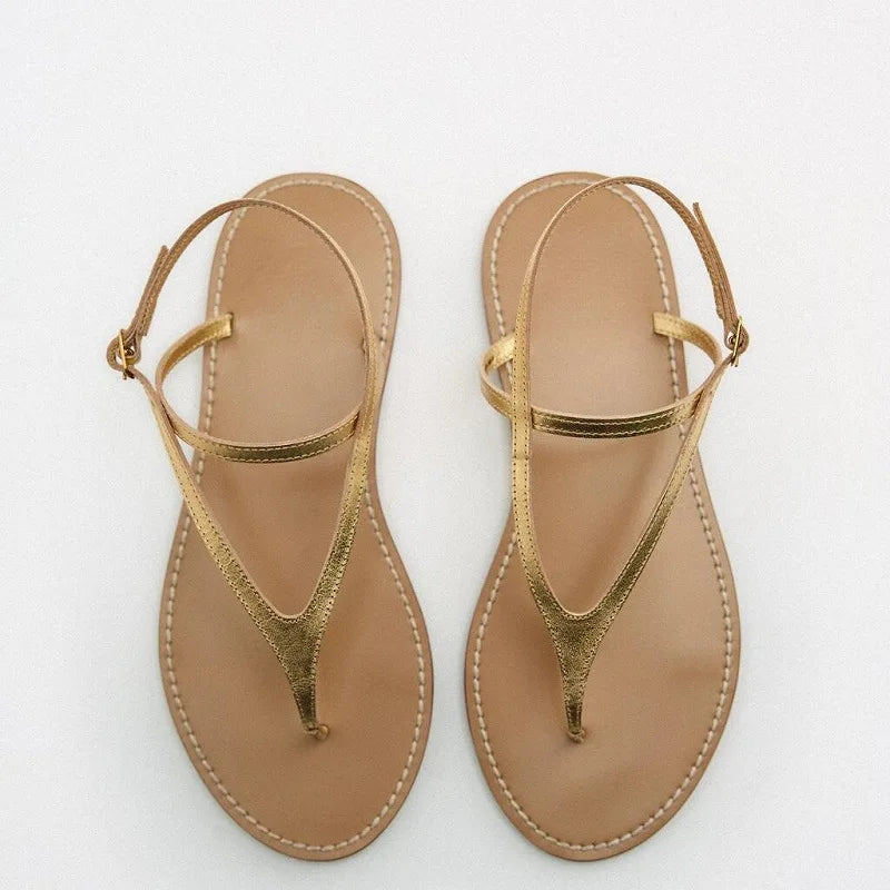 Strappy Gold Flat Sandals – Classic Minimalist Design - Frimunt Clothing Co.