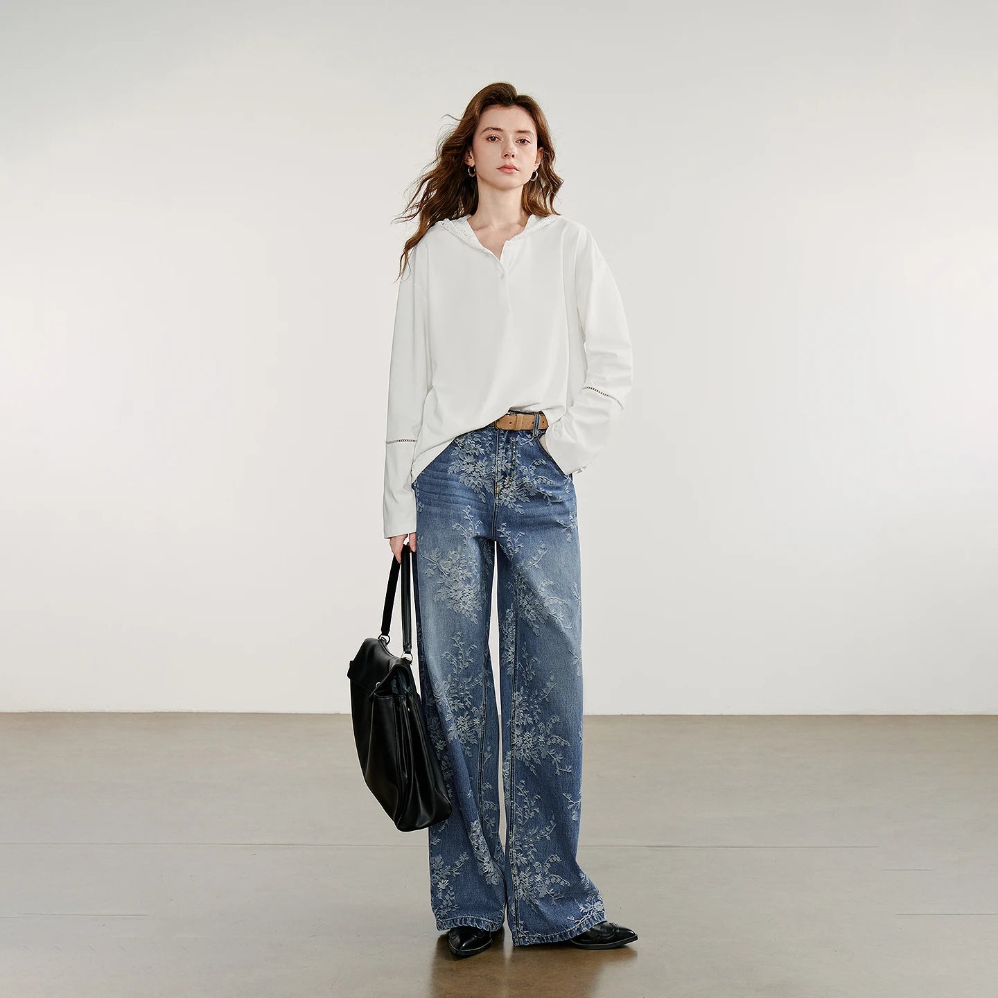 Women's Autumn Wide Straight Leg Jacquard Denim Pants - Frimunt Clothing Co.
