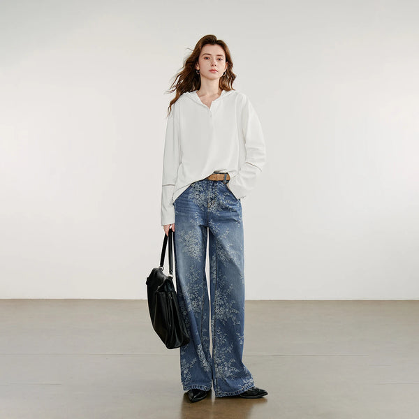 Women's Autumn Wide Straight Leg Jacquard Denim Pants - Frimunt Clothing Co.