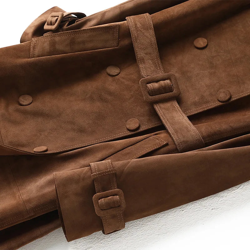 Women's Genuine Leather Suede Long Classic Trench Coat Double Breasted With Belt