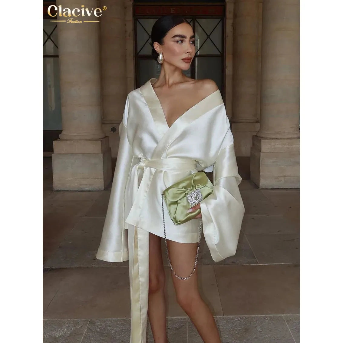 Women's Loose Beige Satin V-Neck Long Sleeve Kimono Jacket/Mini Dress Frimunt Clothing Co. Women's Loose Beige Satin V-Neck Long Sleeve Kimono Jacket/Mini Dress Frimunt Clothing Co.