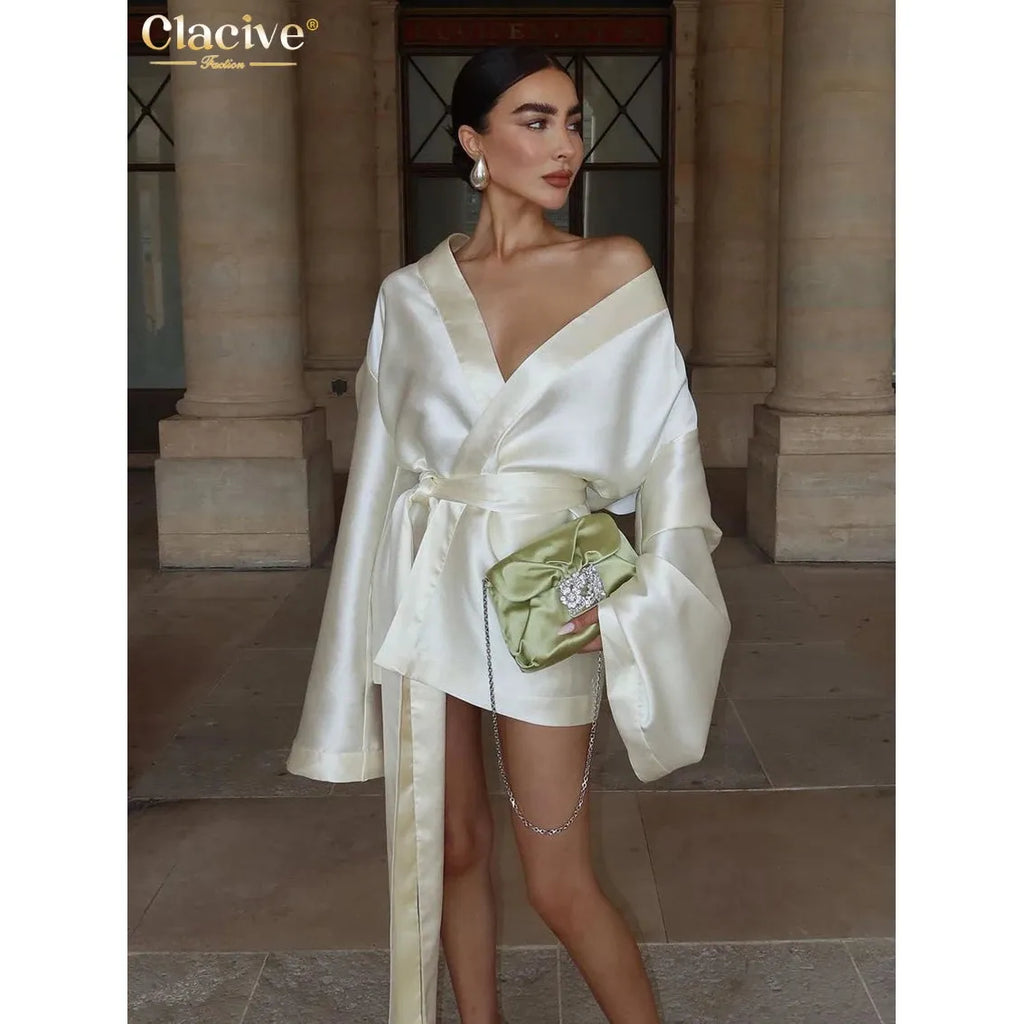 Women's Loose Beige Satin V-Neck Long Sleeve Kimono Jacket/Mini Dress - Frimunt Clothing Co.