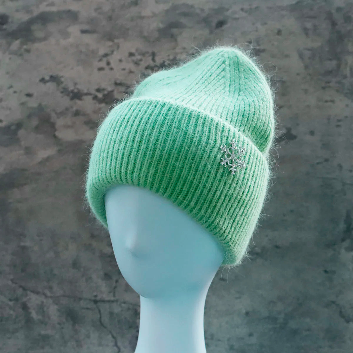 Women's Winter Knit Cuff Hat Real Warm Rabbit Hair Snowflake Pin Solid Colors - Frimunt Clothing Co.