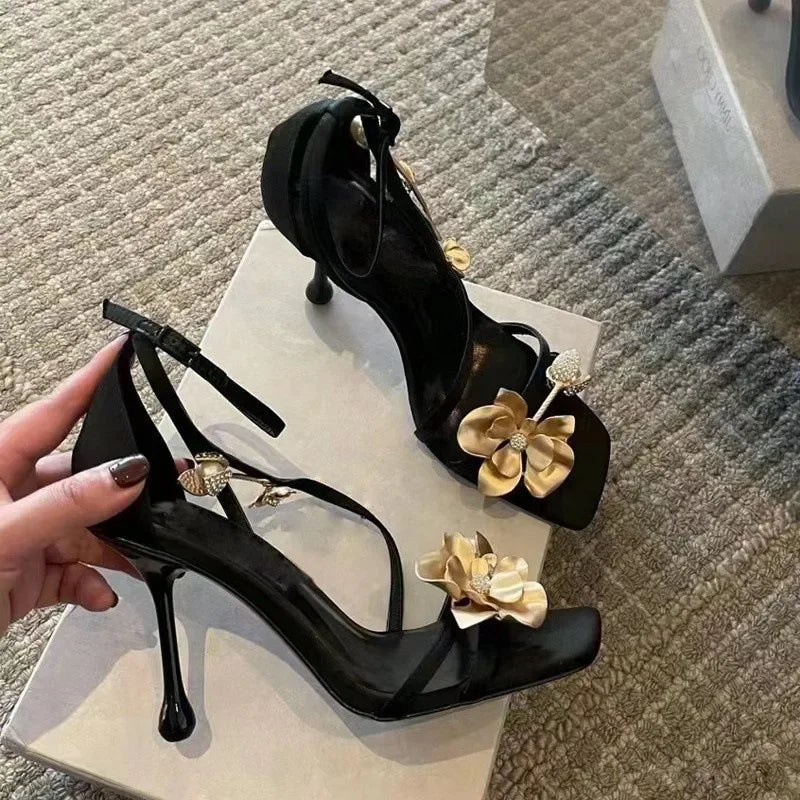 Sculptural Flower High Heel Sandals – Black Strappy Evening Shoes - Frimunt Clothing Co.
