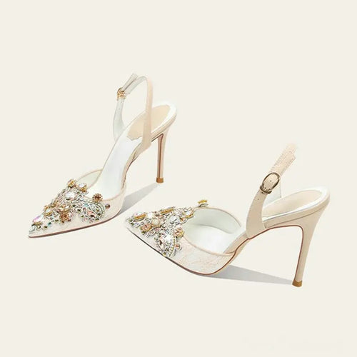 Sandalias de mujer con tiras en la espalda, cristales, punta puntiaguda, tacones altos, zapatos de boda