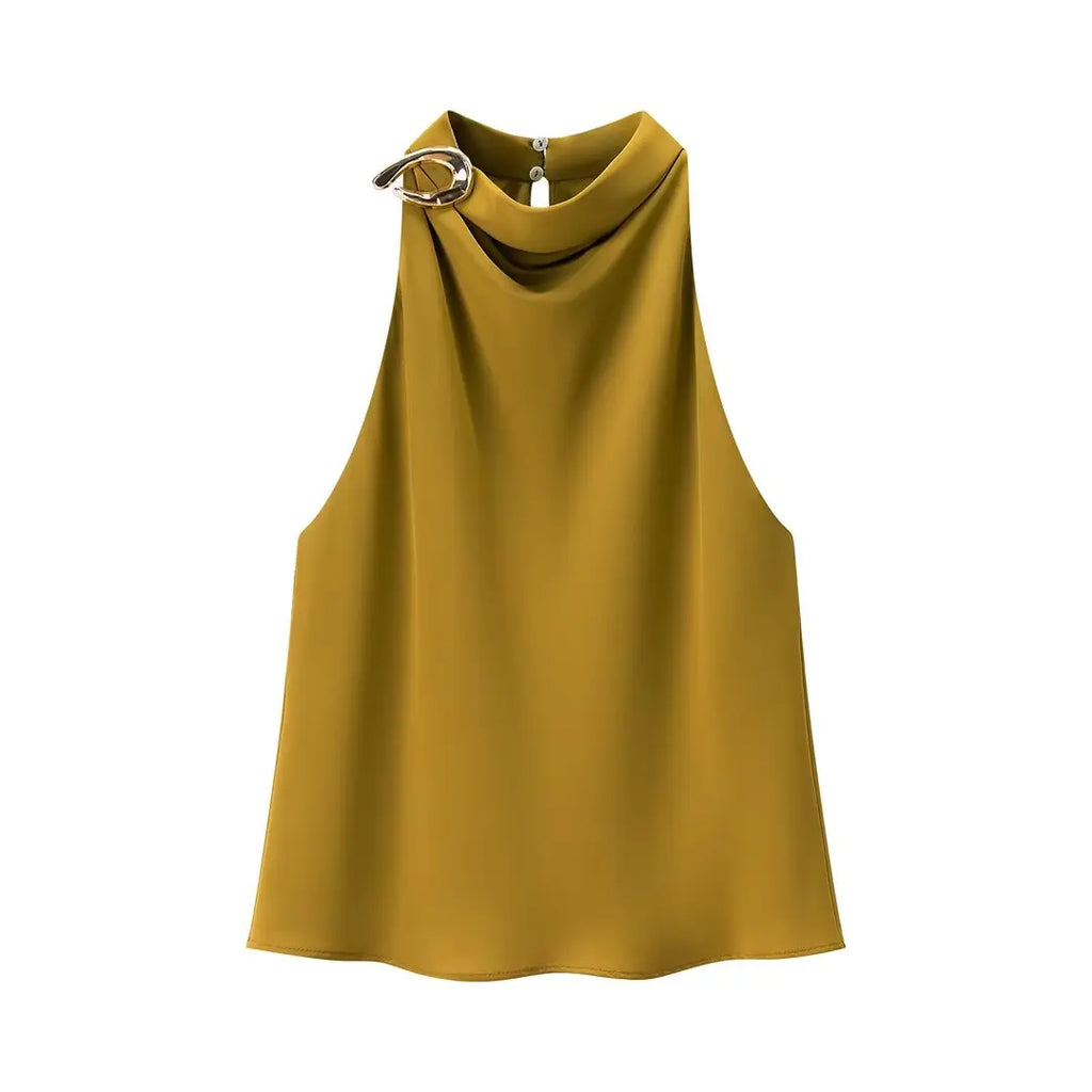 Women's Satin Halter Neck Tops Elegant Side Neck Buckle Sleeveless Blouse