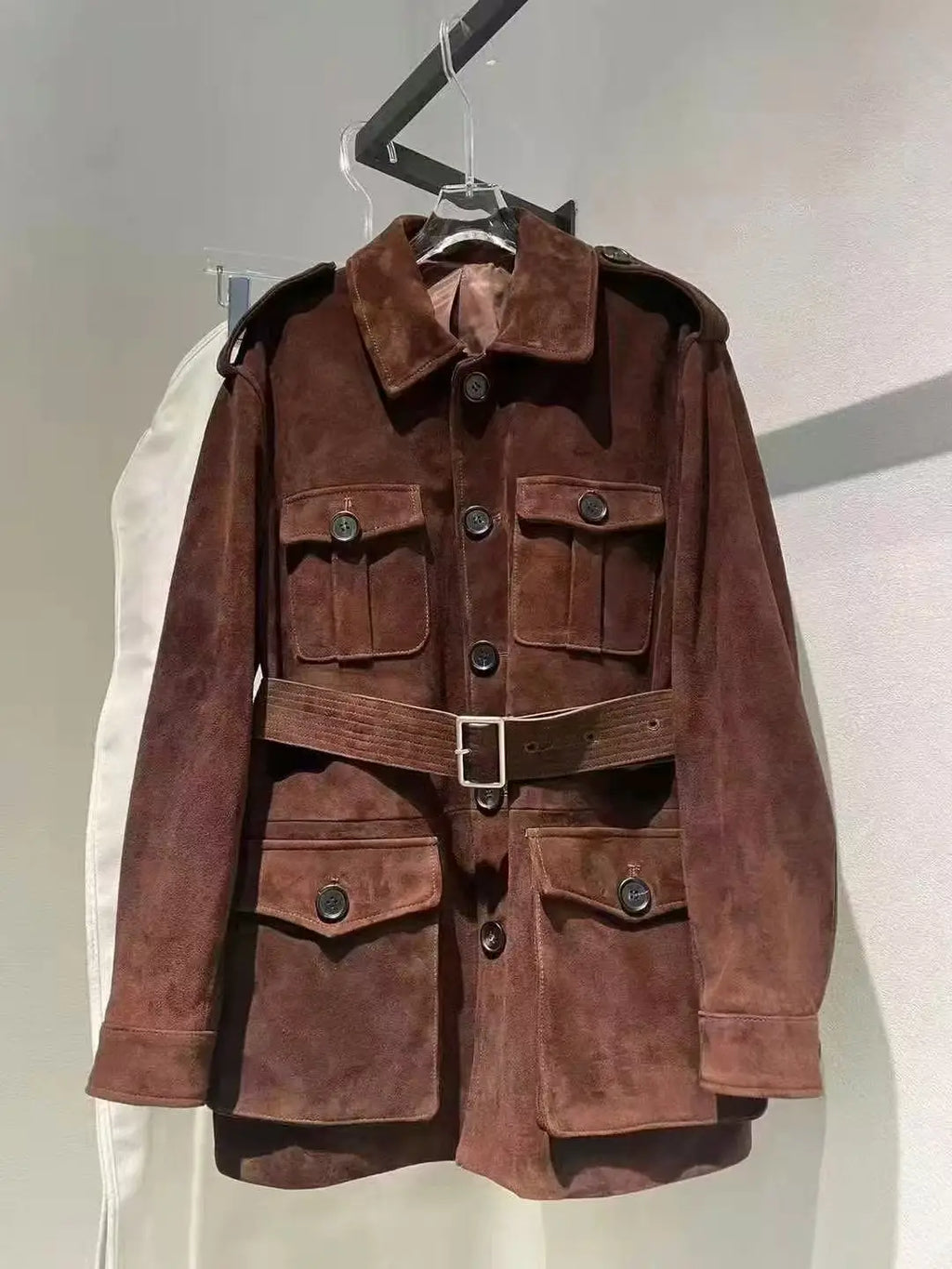 Women‘s Imported Genuine Leather Suede Long Retro Style Jacket With Belt