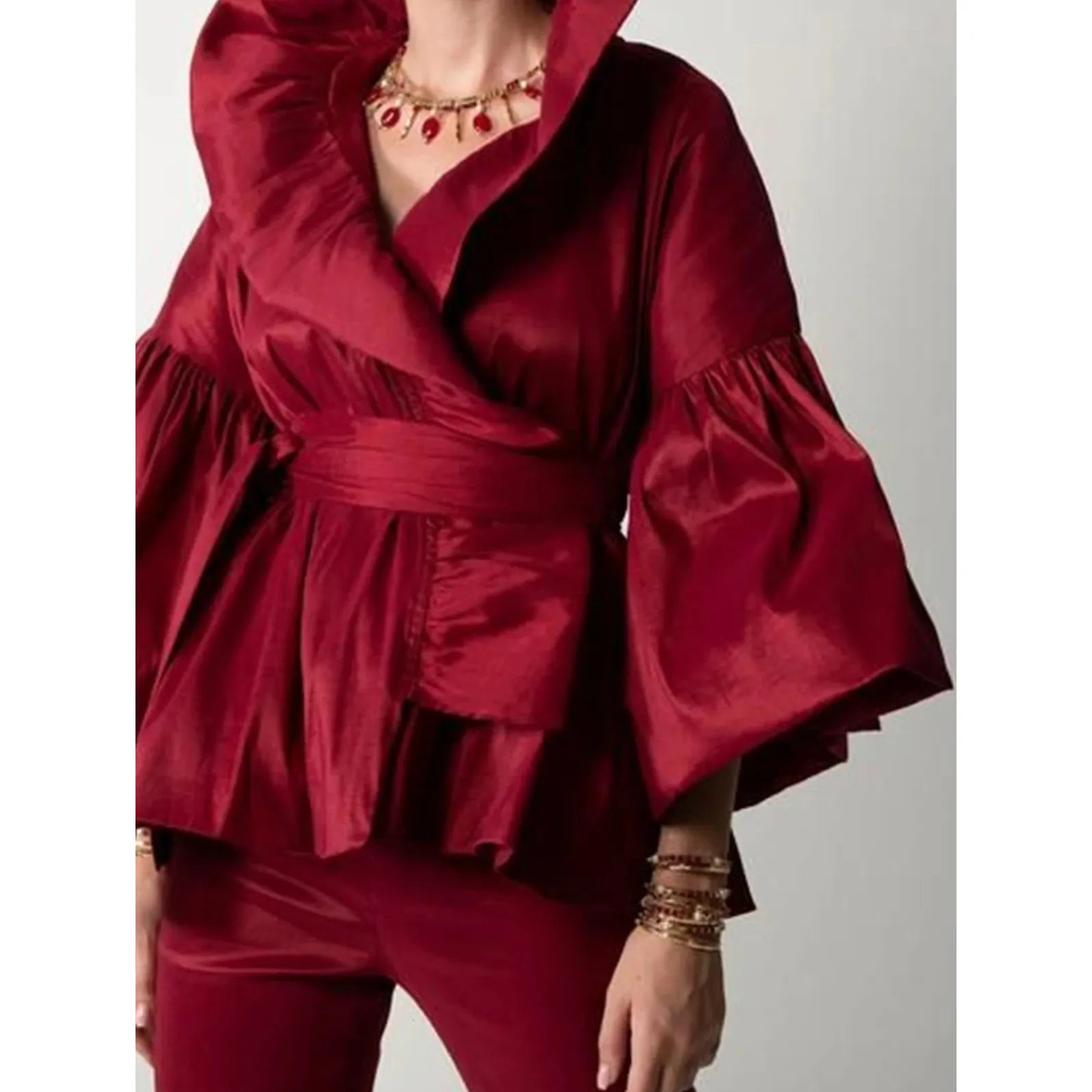 Women's Wrap Shirts Puffy Ruffled Long Sleeve Solid Colors - Frimunt Clothing Co.