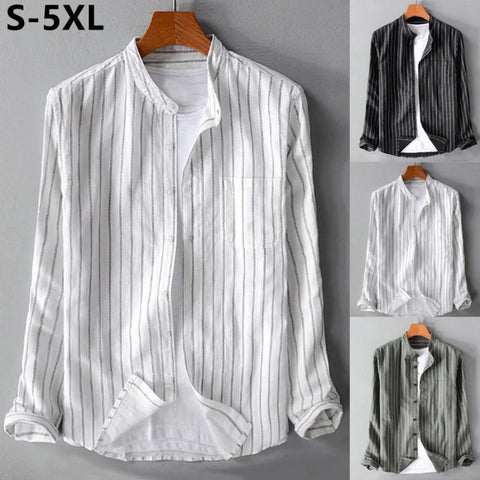 Men's Cotton Linen Shirts Casual Striped Long Sleeve - Frimunt Clothing Co.