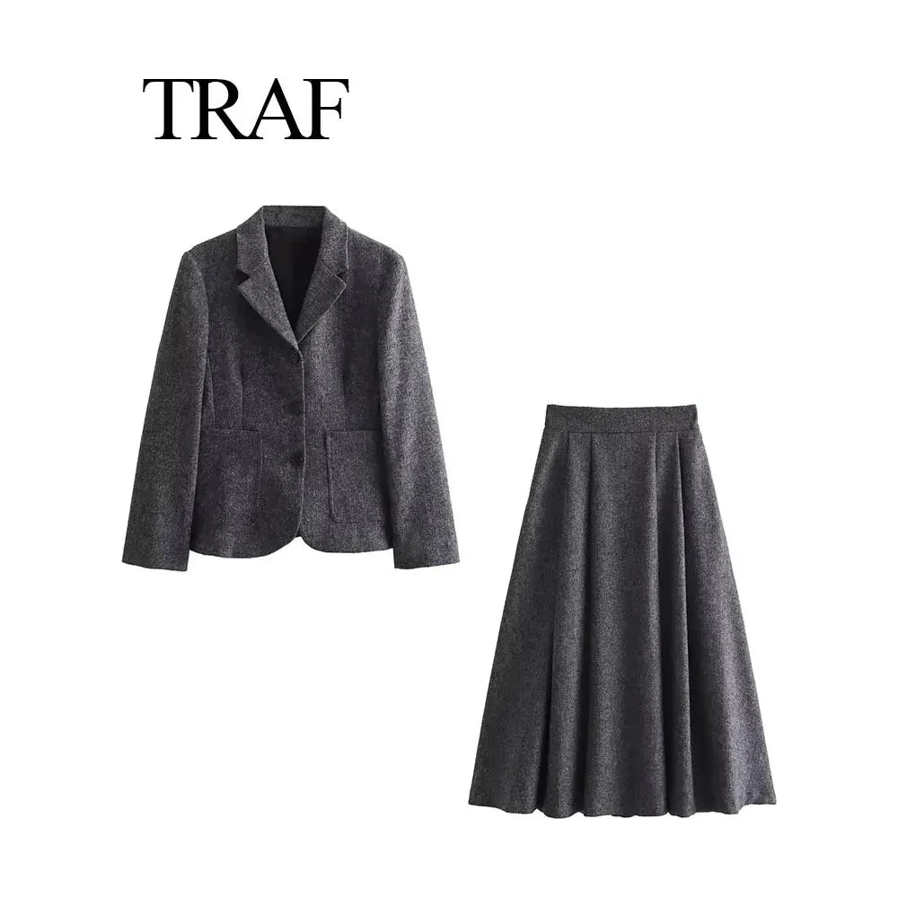 Autumn Women Fashion Suits Trend, Solid V Neck Textured Slim Blazer + With Pleated Skirt - Frimunt Clothing Co.