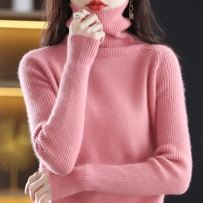 Women's Sweater 100% Mink Cashmere High Neck Knitted Soft Warm