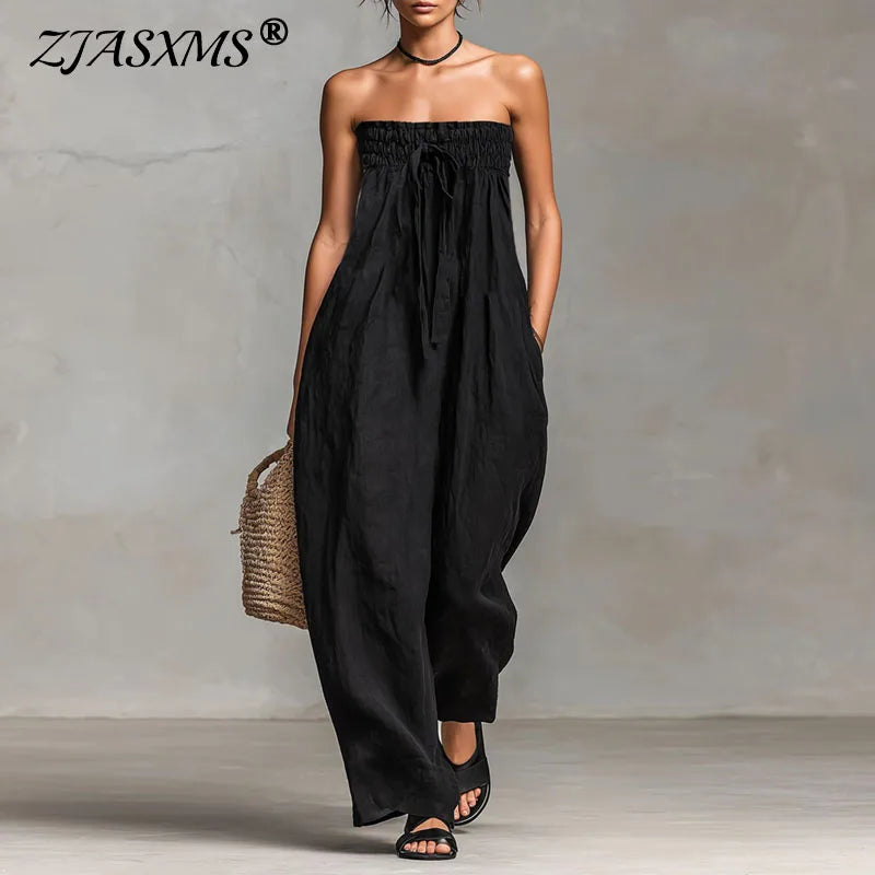 Woman's Elegant Ruched Tie Front Strapless Backless Wide Leg Jumpsuits Spring Summer