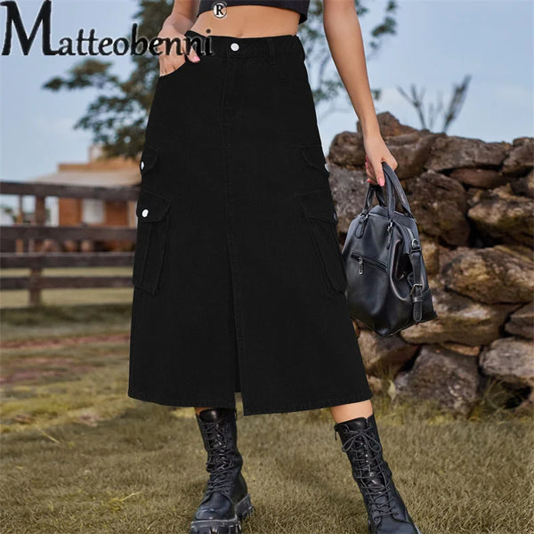 Women's Summer Elasticized Waist Cargo Denim Skirt Split Hem 5 colors - Frimunt Clothing Co.