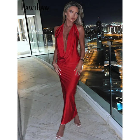 Women Sexy Halter Deep V Neck Party Evening Backless Long Dress - Frimunt Clothing Co.