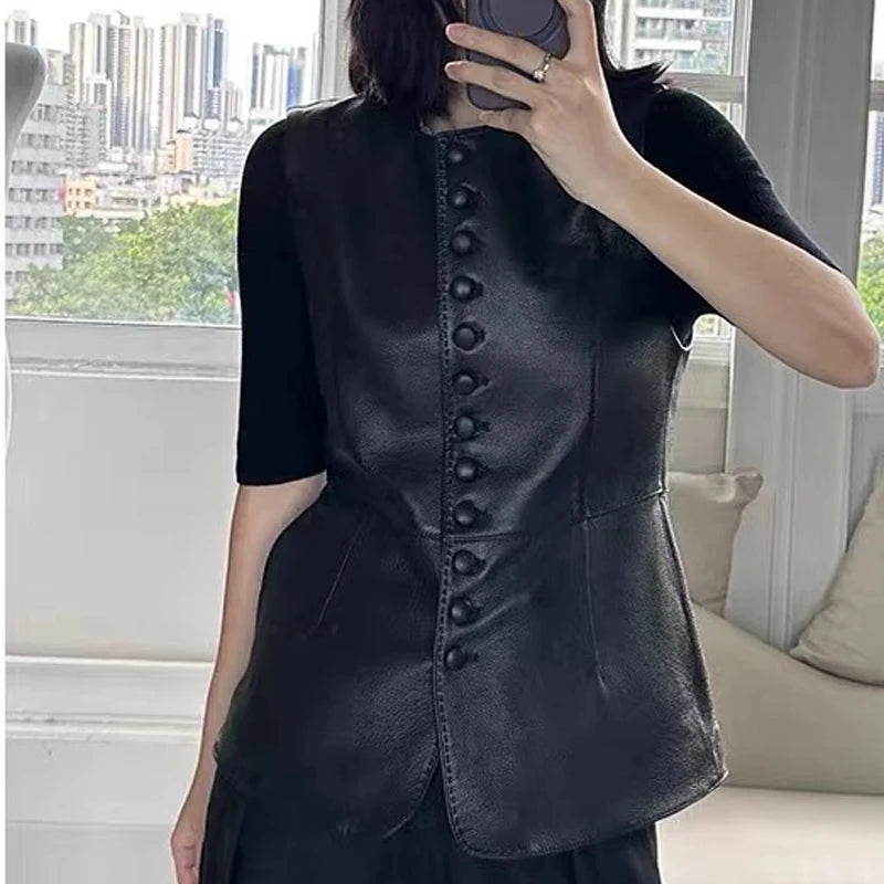 Women Genuine Lambskin Leather Single Breasted Round Neck Slim Fit Vest