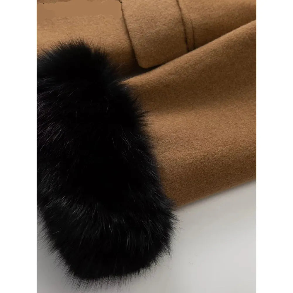 Abrigo de invierno de tweed doble con cuello vuelto y mangas ribeteadas de piel para mujer