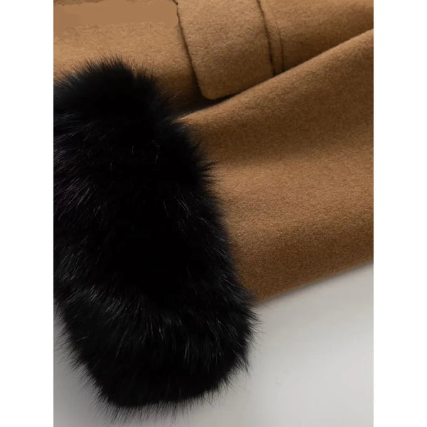 Women's Fur Turn-Down Collar Fur Trimmed Sleeves Double Tweed Winter Outerwear