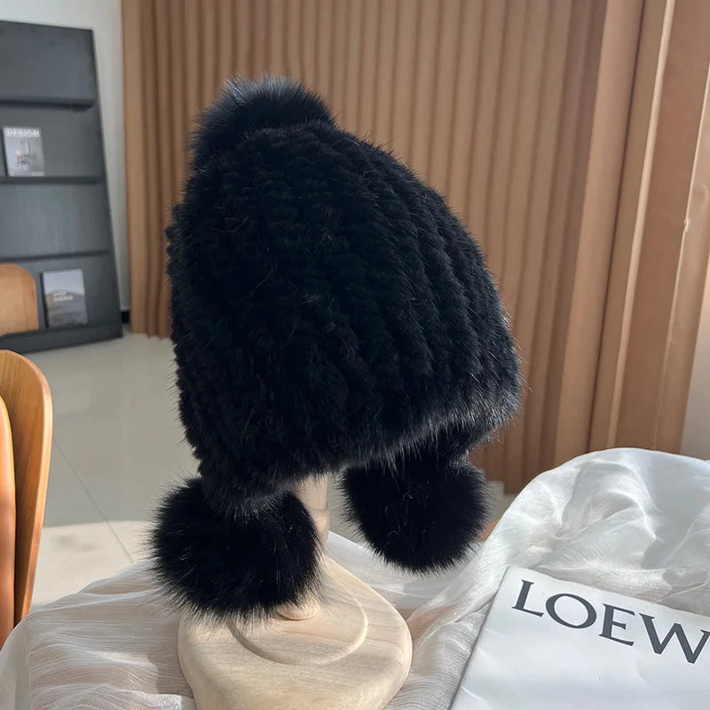 Winter Hot Sale Real Mink Fur Knitted Hat For Women With Fur Pompoms - Frimunt Clothing Co.