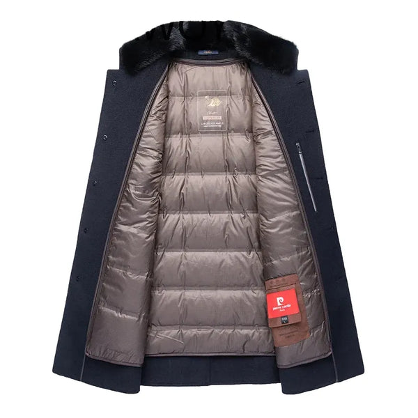 Navy blue coat with gray puffer lining and fur collar on a white background