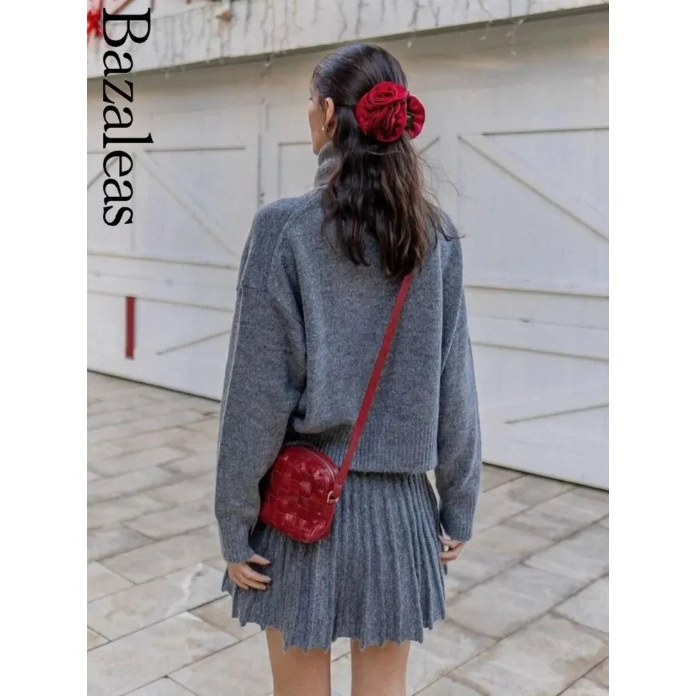 Women's Knit Grey Loose Turtleneck Pullover Sweater + Skirt Set - Frimunt Clothing Co.