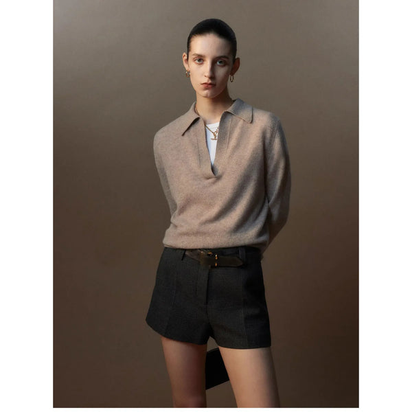 100% Cashmere Polo Scissors Collar Knit Sweater