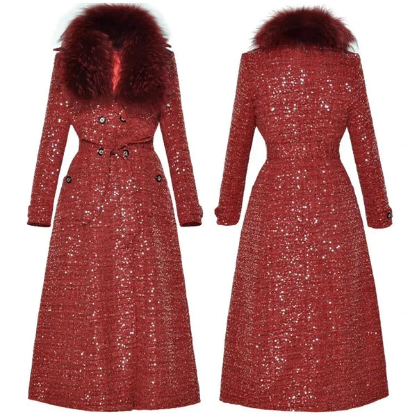 Women's Fur Collar Double Breast Buckle Tie Waist Sequined Long Thick Coat