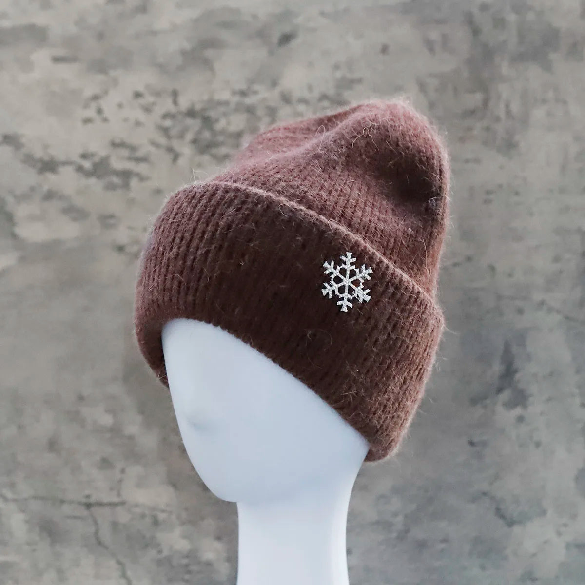 Women's Winter Knit Cuff Hat Real Warm Rabbit Hair Snowflake Pin Solid Colors - Frimunt Clothing Co.