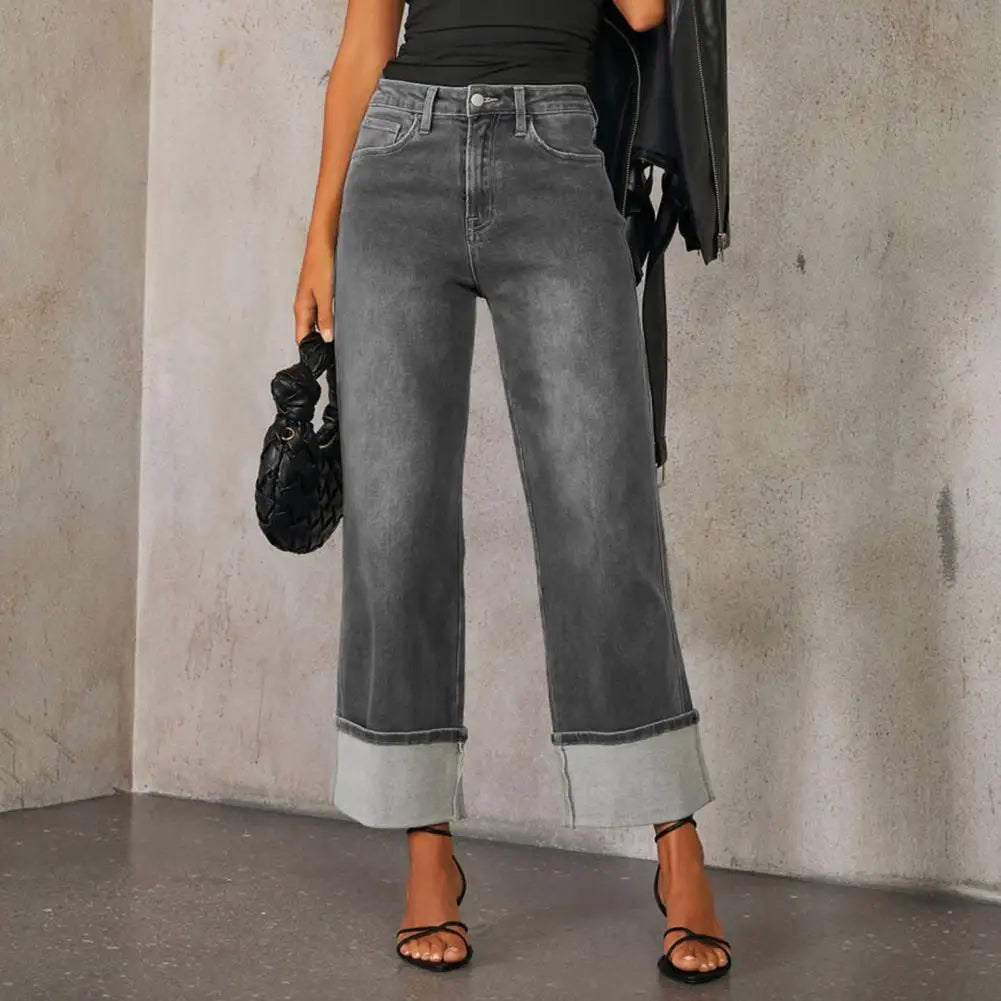 Cuffed Hem Wide-Leg Jeans – Stretch Denim - Frimunt Clothing Co.