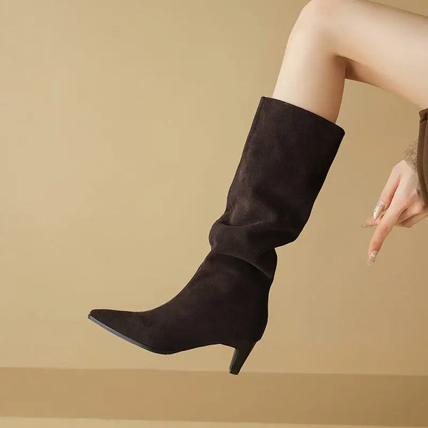 Women's Cow Genuine Leather High Heels Knee High Pointed Toe Winter Boots - Frimunt Clothing Co.