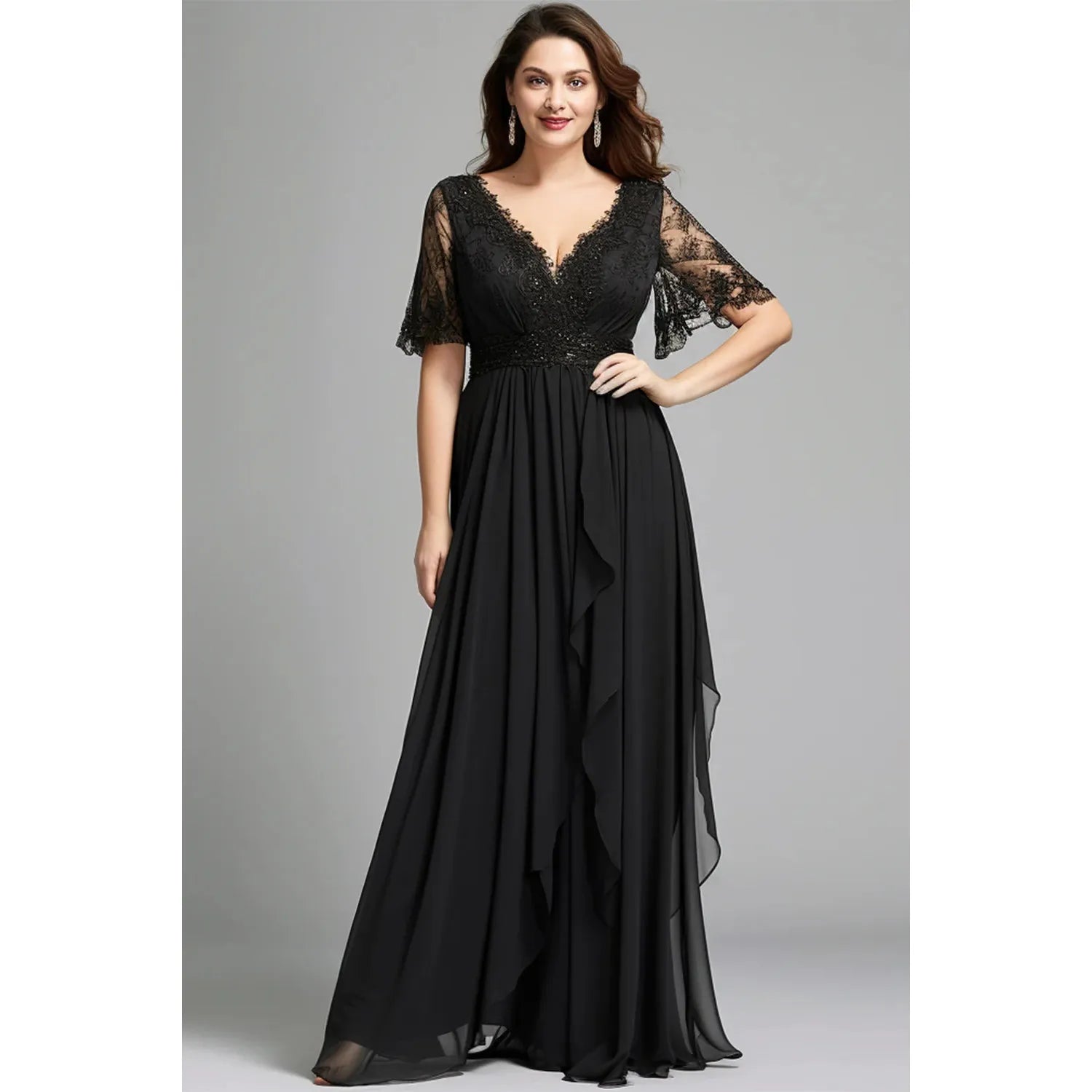 Plus Size Black Chiffon V Neck Flutter Sleeve Lace Maxi Dress - Frimunt Clothing Co.