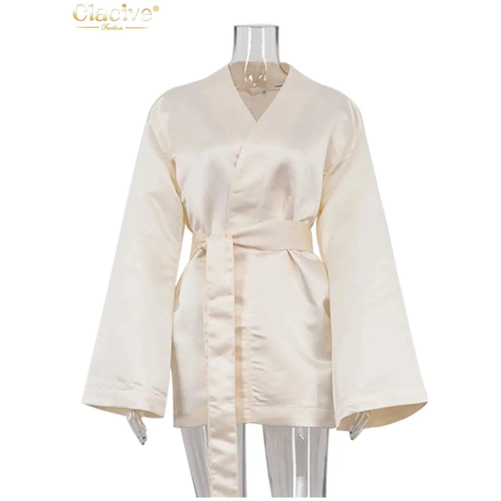 Women's Loose Beige Satin V-Neck Long Sleeve Kimono Jacket/Mini Dress - Frimunt Clothing Co.