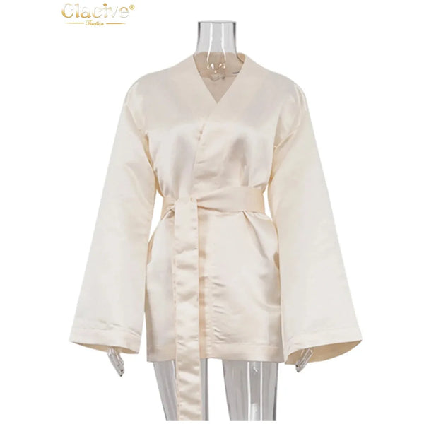 Women's Loose Beige Satin V-Neck Long Sleeve Kimono Jacket/Mini Dress - Frimunt Clothing Co.