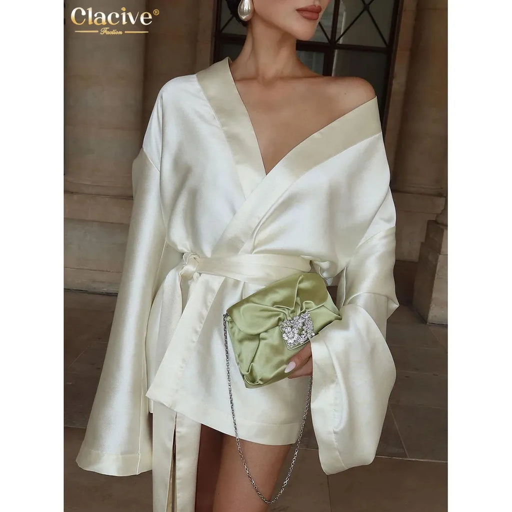 Women's Loose Beige Satin V-Neck Long Sleeve Kimono Jacket/Mini Dress - Frimunt Clothing Co.