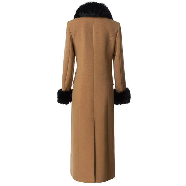 Women's Fur Turn-Down Collar Fur Trimmed Sleeves Double Tweed Winter Outerwear