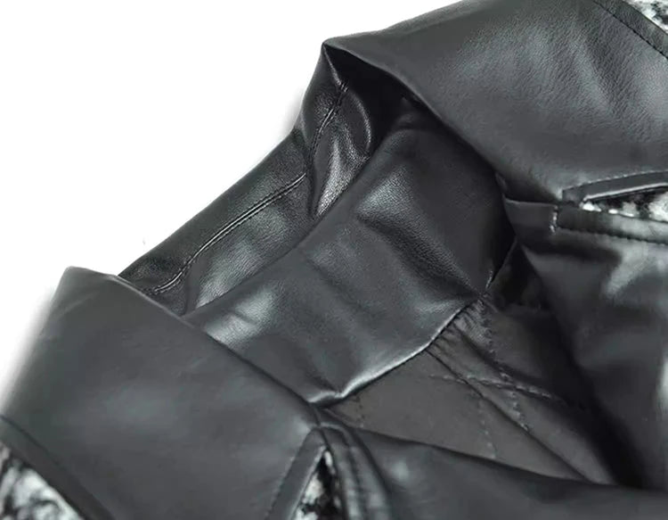 Women's Woolen Plaid Double Breasted With Leather Collar Long Coat