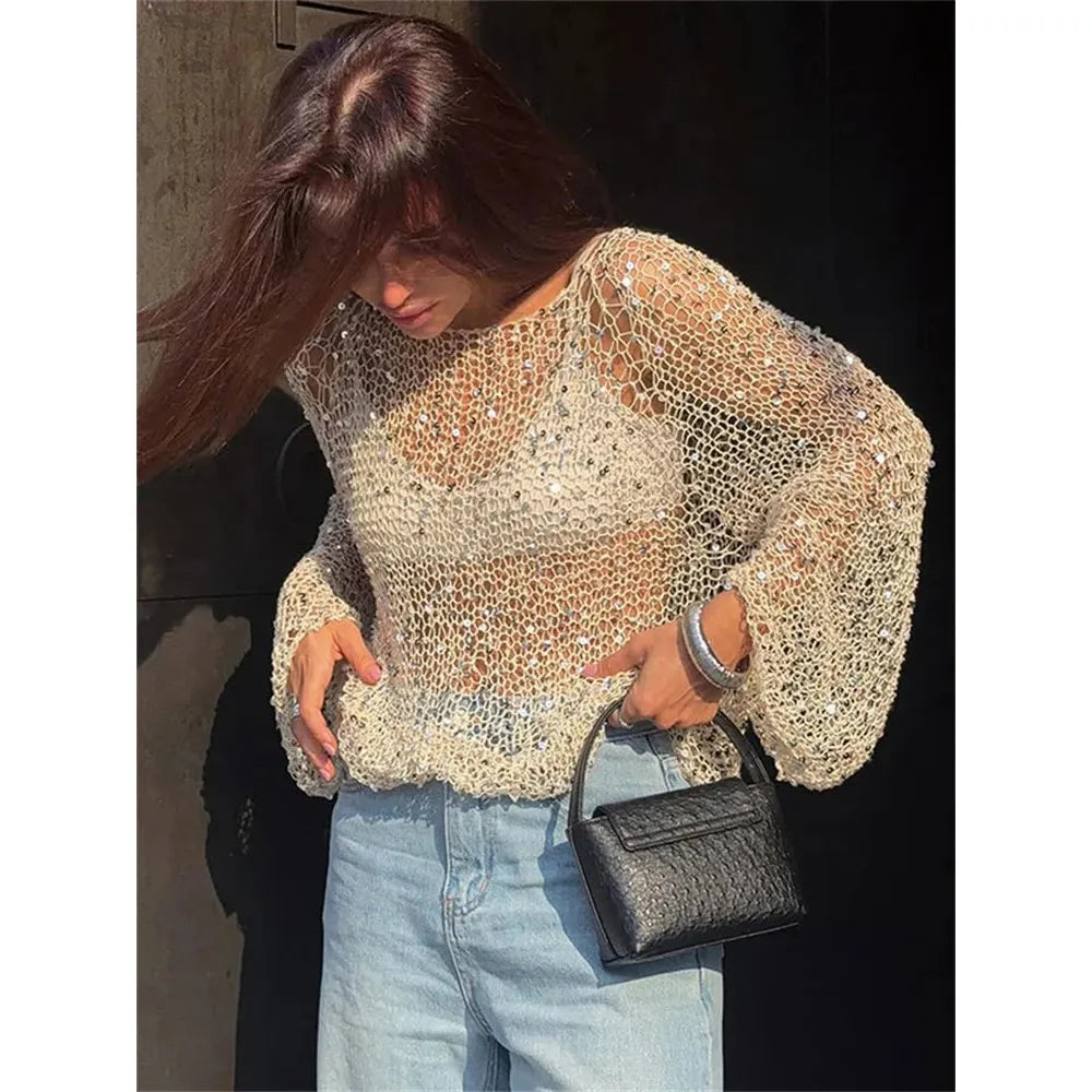 Spring Knit Sequin Loose Fit Beige Pullover Top - Frimunt Clothing Co.