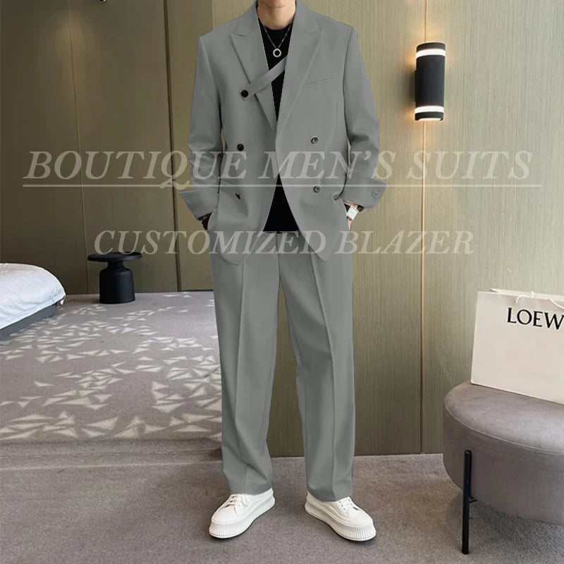 Men Fashion Double Breasted Loose Casual Suits Blazer Wide Leg Pants - Frimunt Clothing Co.