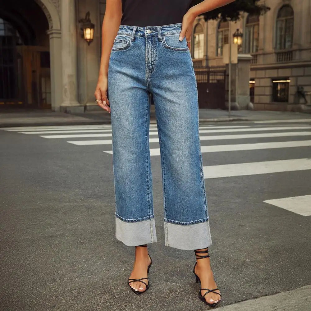Cuffed Hem Wide-Leg Jeans – Stretch Denim - Frimunt Clothing Co.