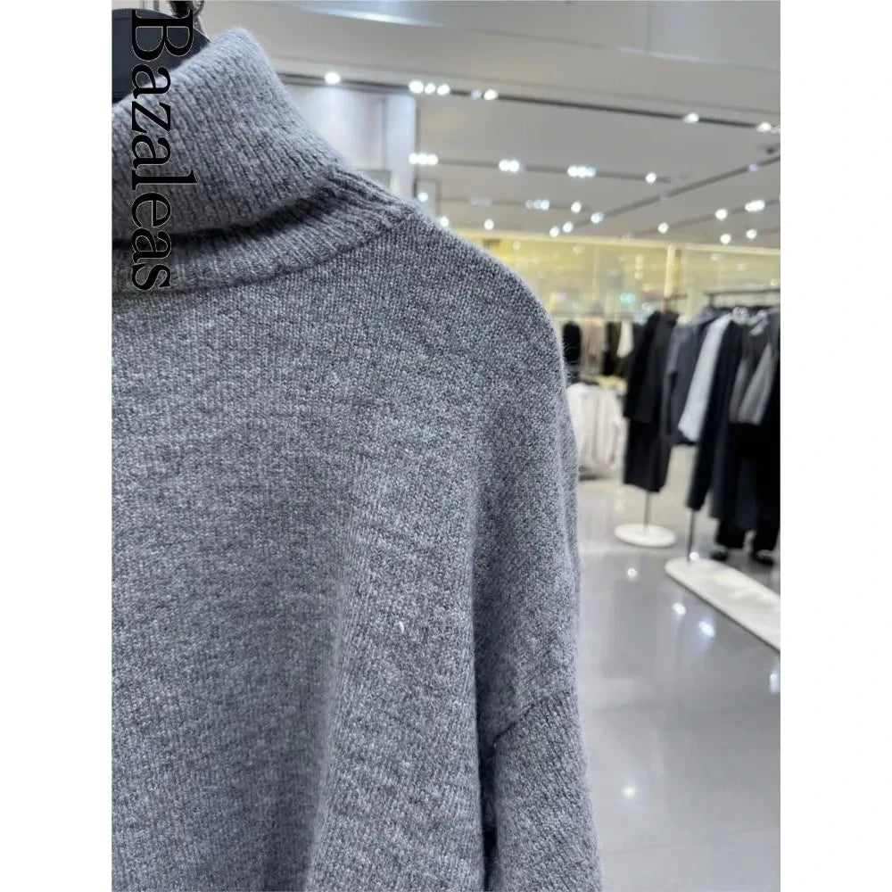 Women's Knit Grey Loose Turtleneck Pullover Sweater + Skirt Set - Frimunt Clothing Co.