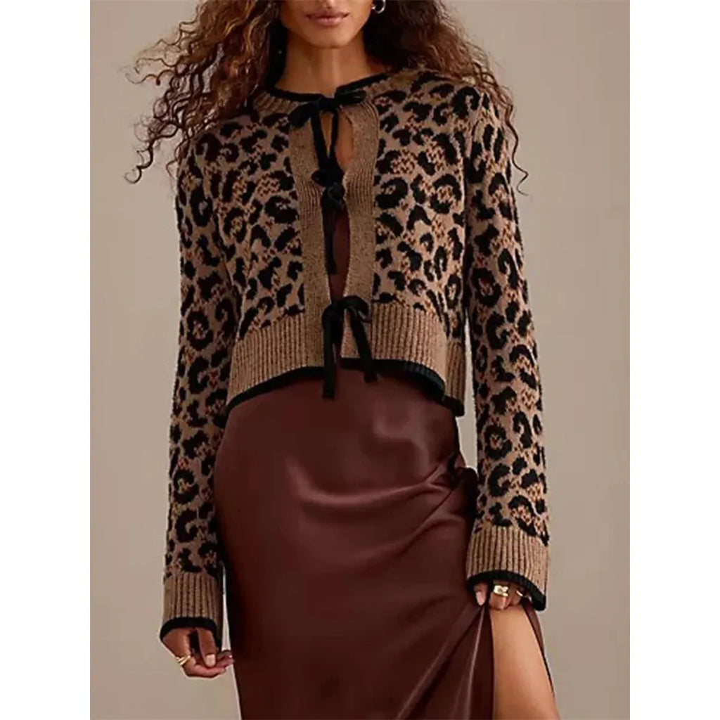 Women Knit Cardigan Leopard Print Ribbed Long Sleeve Tie Front Closure - Frimunt Clothing Co.