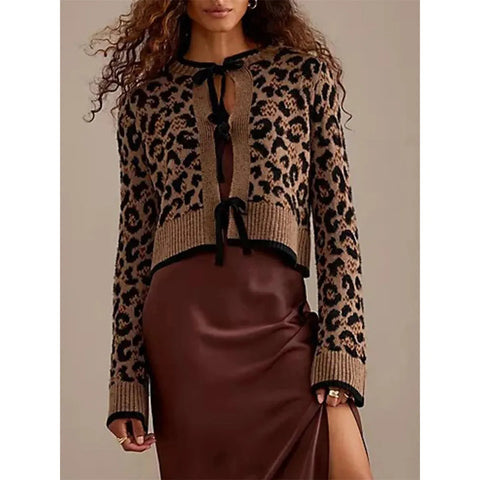 Women Knit Cardigan Leopard Print Ribbed Long Sleeve Tie Front Closure