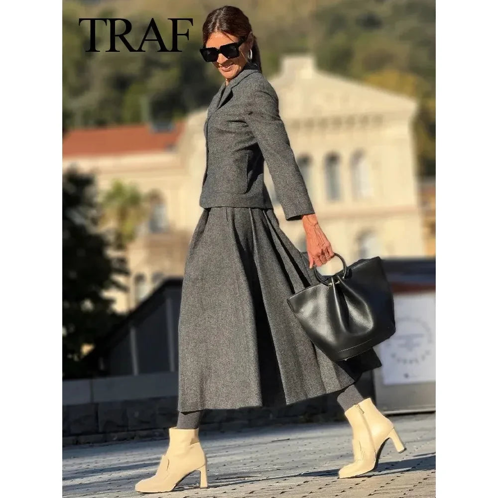 Autumn Women Fashion Suits Trend, Solid V Neck Textured Slim Blazer + With Pleated Skirt - Frimunt Clothing Co.