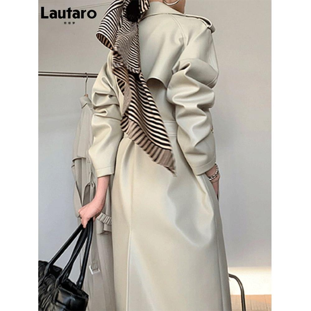 Lautaro Autumn Winter Long Faux Leather Trench Coat for Women Belt Double Breasted Luxury Elegant Fashion - Frimunt Clothing Co.