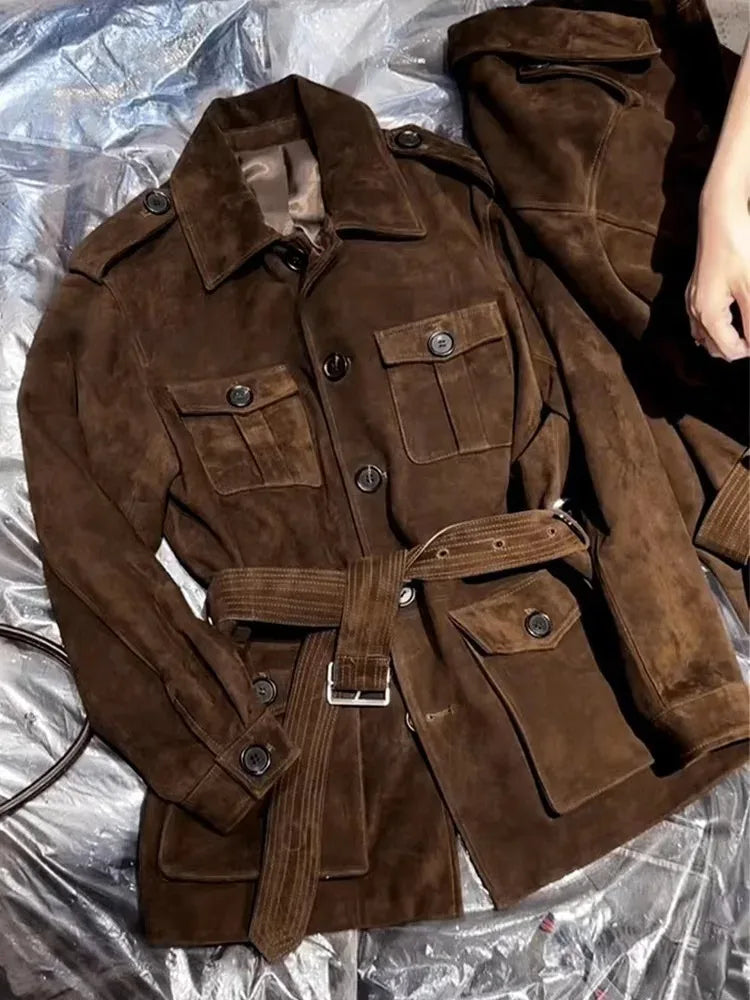 Women‘s Imported Genuine Leather Suede Long Retro Style Jacket With Belt