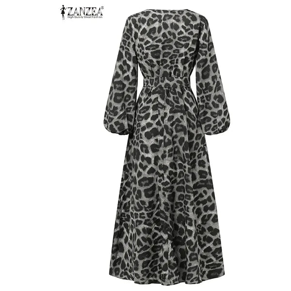 Women's Long Sleeve Leopard V-Neck Maxi Dresses