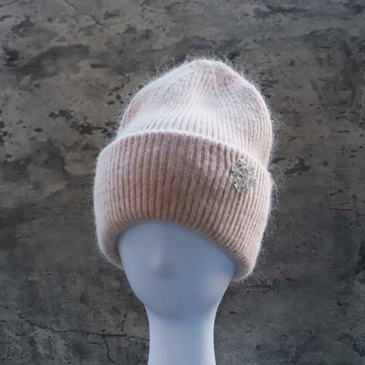 Women's Winter Knit Cuff Hat Real Warm Rabbit Hair Snowflake Pin Solid Colors - Frimunt Clothing Co.