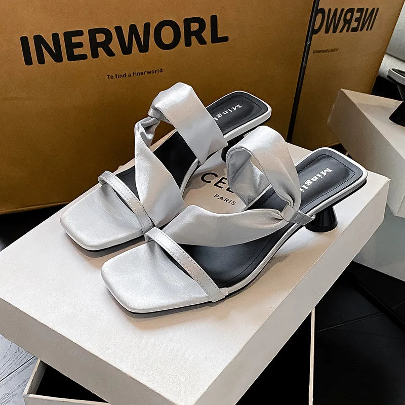 Elegant Kitten Heels Black/White/Silver Silk Sandals