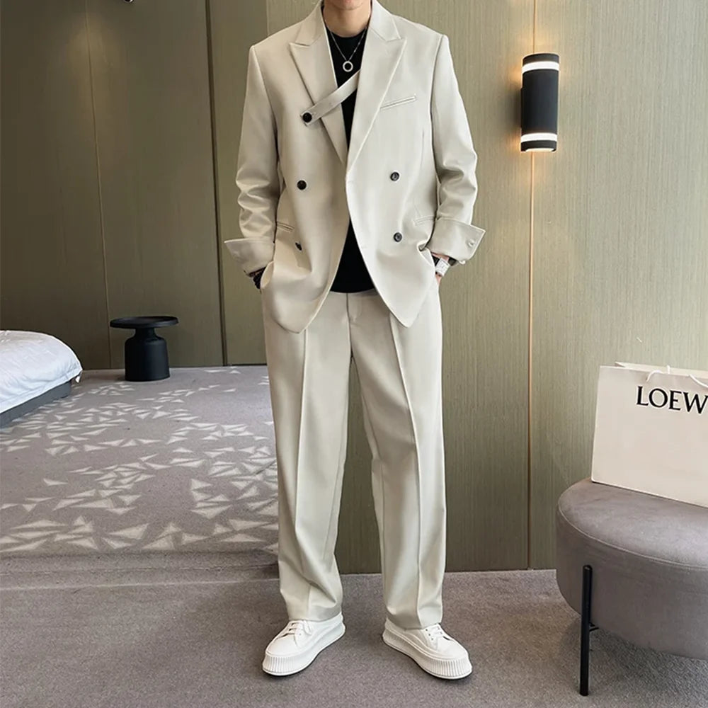 Men Fashion Double Breasted Loose Casual Suits Blazer Wide Leg Pants - Frimunt Clothing Co.